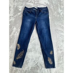 Kenzie Womens Skinny Jeans Dark Wash Gold Feather Embroidered Blue Denim 12/31